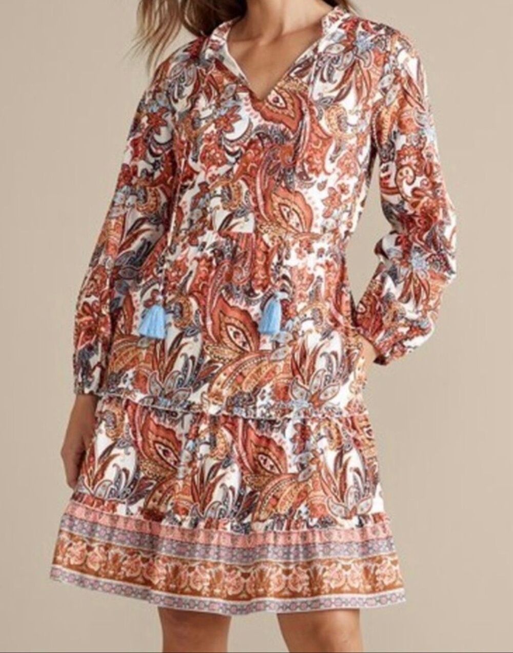 Soft surroundings coral paisley boho tiered dress in rust and cream size small